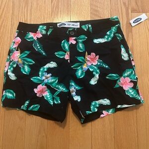 Old Navy Black Tropical Floral Shorts with Green Leaves and Pink Flowers